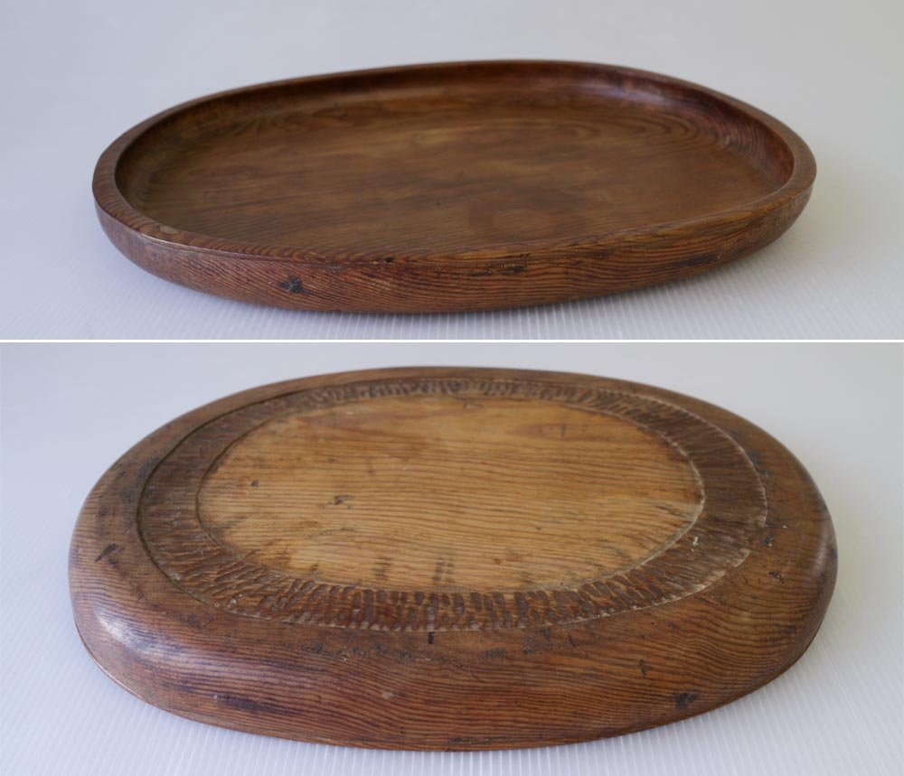 【旧家蔵出】老松刳貫楕円盆 33cm 521g 煎茶盆 唐木 木製 時代骨董[F982]