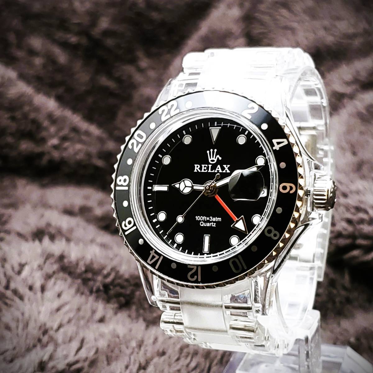 1円UP】F リラックス 王冠ロゴ GMT11 腕時計 GMT 黒/黒 24H回転ベゼル 