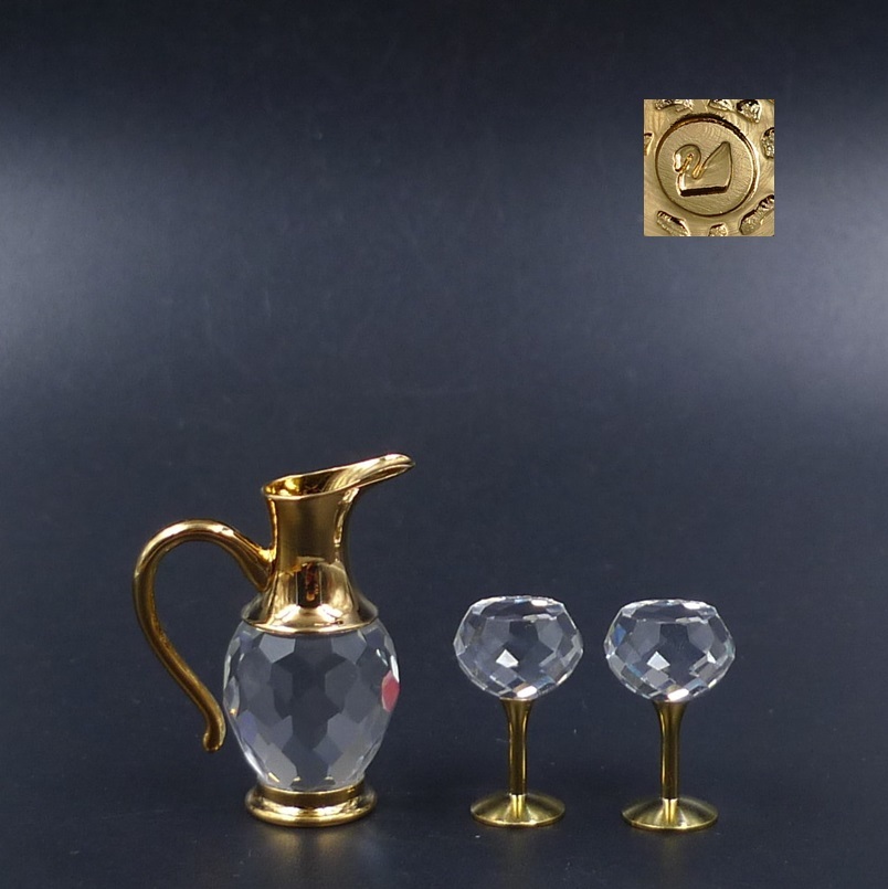 レア 廃盤品 入手困難 スワロフスキー Swarovski ミニチュア ボトルとワイングラス 金色 置物