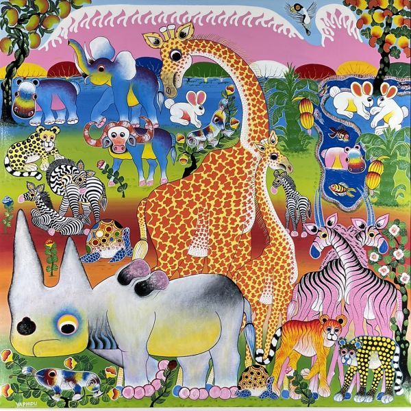 真作■アクリル画■YAPHIDU■『しあわせになる木～大地に集う動物たち』■大型傑作■額付絵画　2ｄ　