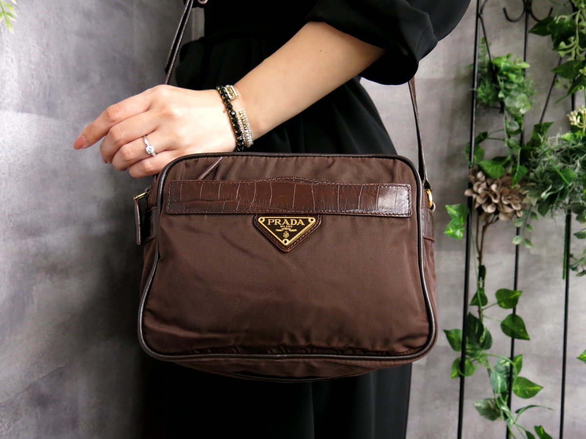 ○美品○PRADA プラダ○ポコノ ナイロン クロコダイル 型押し レザー 