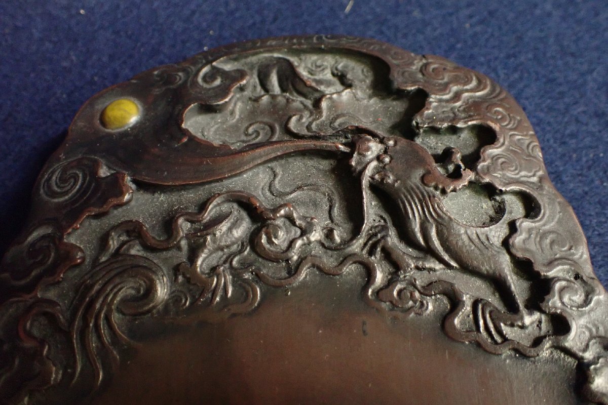 1964 中国骨董 雲龍鳳凰 満月 半月 硯 書道具 時代物 1964 中国骨董