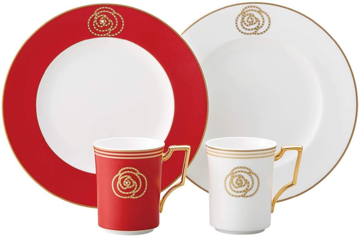 254)【未使用】Noritake ノリタケ マグ & プレート (ペアセット) エイダンゴールド マグカップ2個、プレート2枚 色変り(赤、白) ボーンチャ