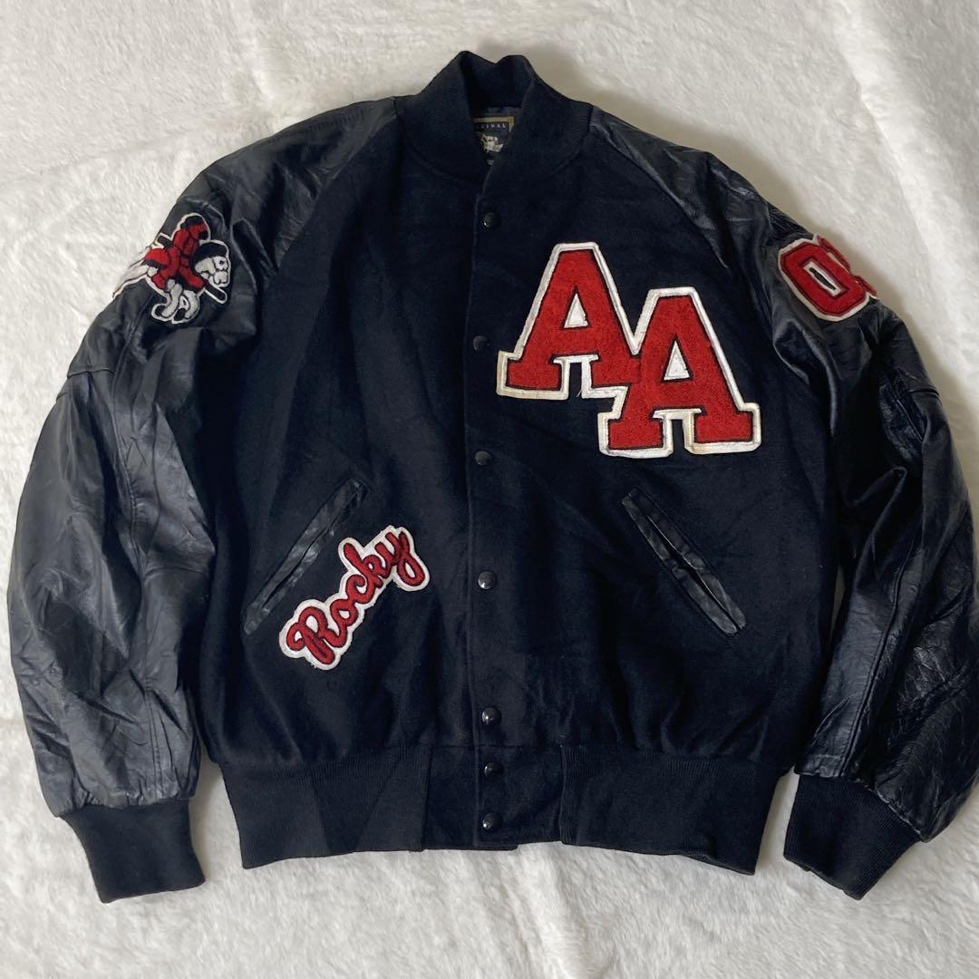 希少 HOLLOWAY ホロウェイ 袖レザー スタジャン ダブルA Rocky 袖ワッペン ブラック 黒 L~XL相当 大きいサイズ 本革