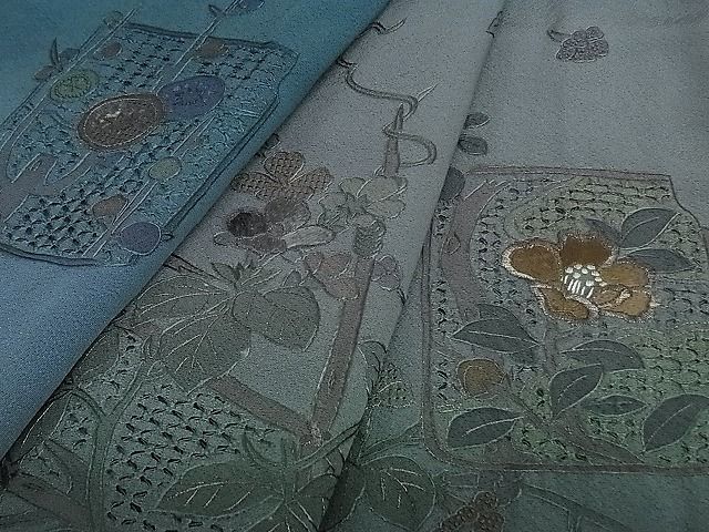 平和屋-こころ店■訪問着 中国三大刺繍 汕頭刺繍 スワトウ刺繍 色紙花文 暈し染め 反端付き 着丈154cm 裄丈65cm 正絹 逸品 B-oa6837