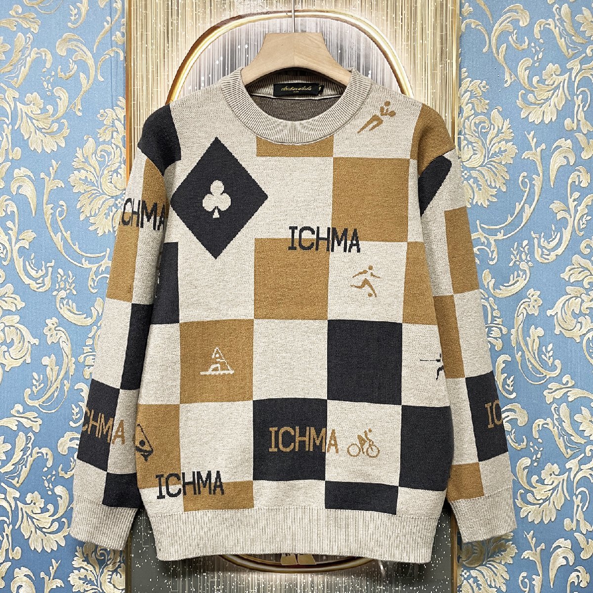 定価4万★christian milada・ミラノ発・セーター★ウール混 ニットセーター 暖か チェック 配色切替 プルオーバー おしゃれ 秋冬 2XL/52