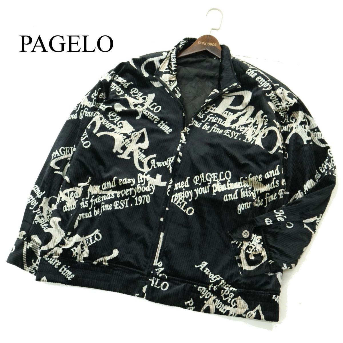PAGELO パジェロ アンジェロ 英字デザイン★ ベロア ストライプ 中綿 ブルゾン ジャケット Sz.LL　メンズ 黒 大きいサイズ　A3T12832_B#N