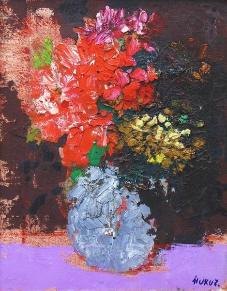 真作】【WISH】福沢一郎「花」油彩 6号 ◇色彩美・花名品 〇文化