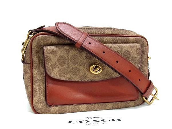 1円 ■極美品■ COACH コーチ H2011-640 シグネチャー PVC×レザー ショルダーバッグ クロスボディ 斜め掛けかばん ブラウン系 AU0827