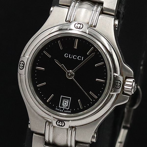 1円 稼働 良品 グッチ QZ 9040L デイト ラウンド 黒文字盤 レディース