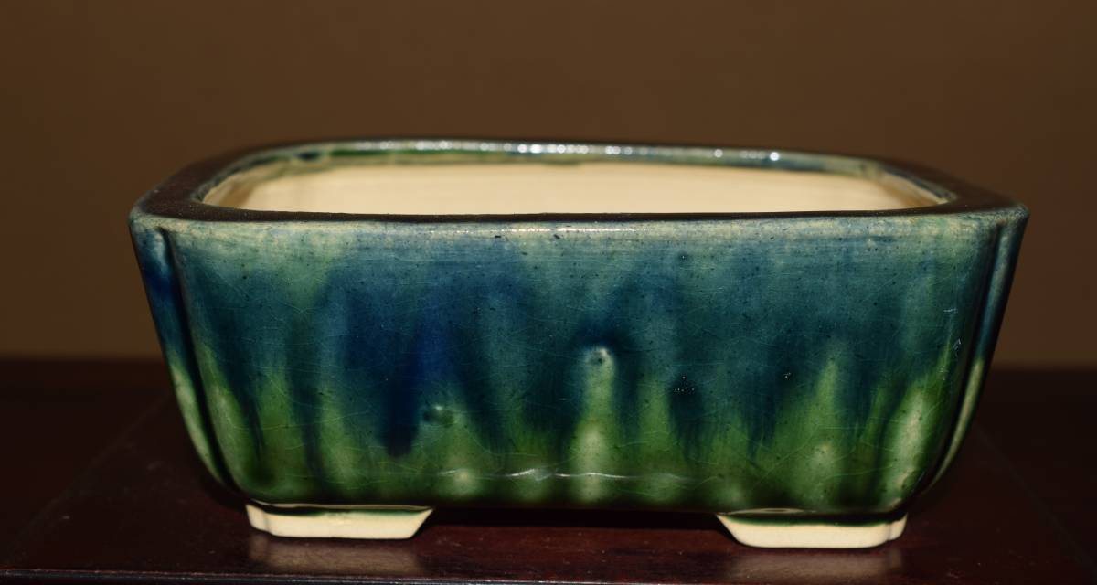 人気小鉢作家＜ゆうき祥石・緑釉窯変・・発色抜群・・使い頃サイズ・実用性抜群＞切立ち隅入り長方鉢・間口１５，８ｃｍ