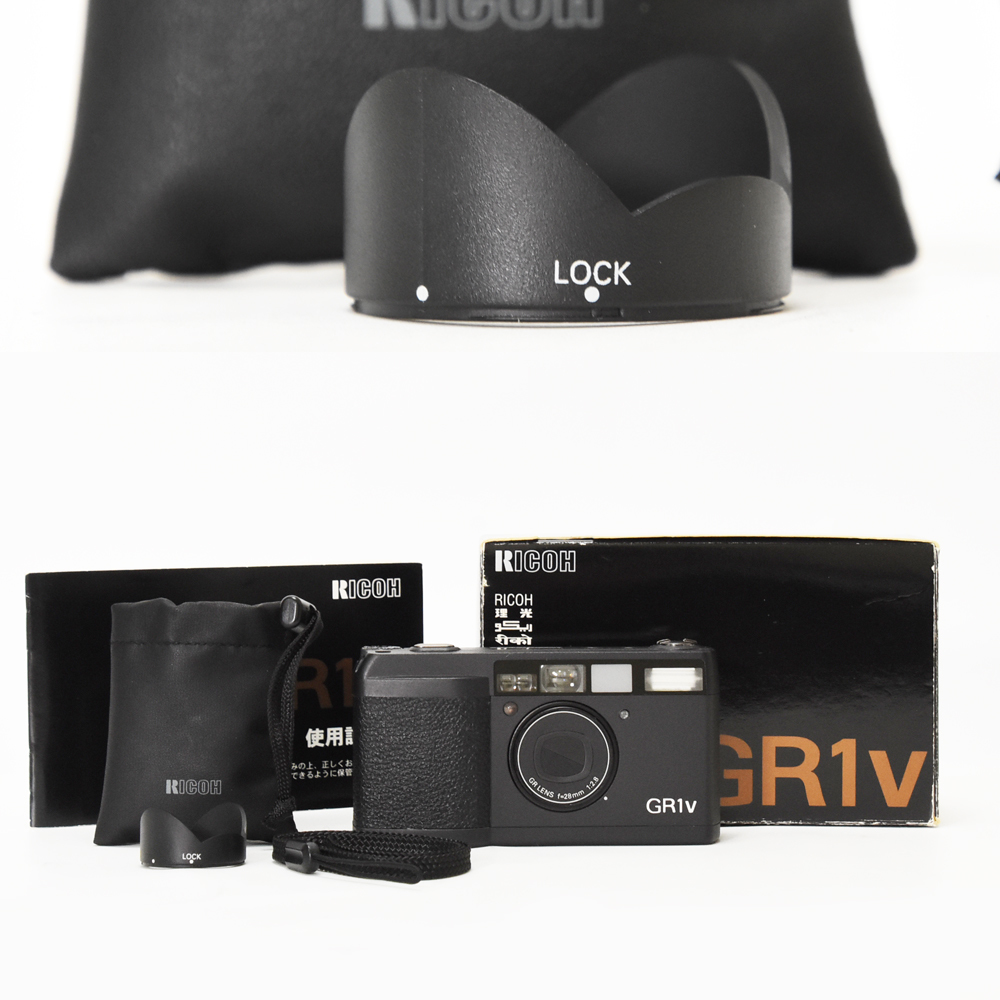 極美品 動作OK RICOH リコー GR1v デートなし 28mm F2.8 ブラック 黒 元箱 取説 レンズフード ストラップ コンパクトフィルムカメラ 