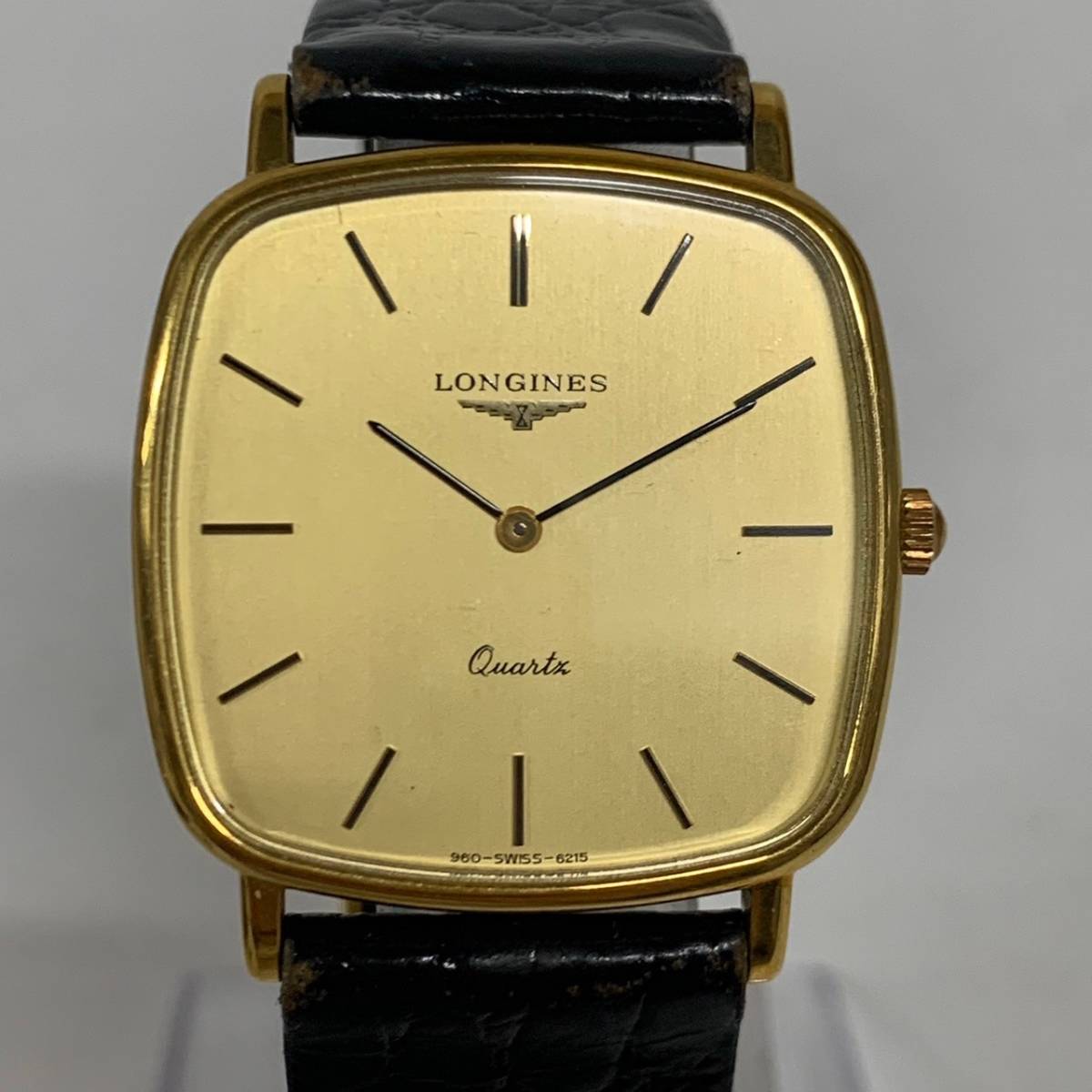 1円~【動作未確認】ロンジン LONGINES Cal.L960.2 Ref.6215.960 クォーツ メンズ腕時計 ゴールド文字盤 スクエア 純正ベルト 2針 G113035