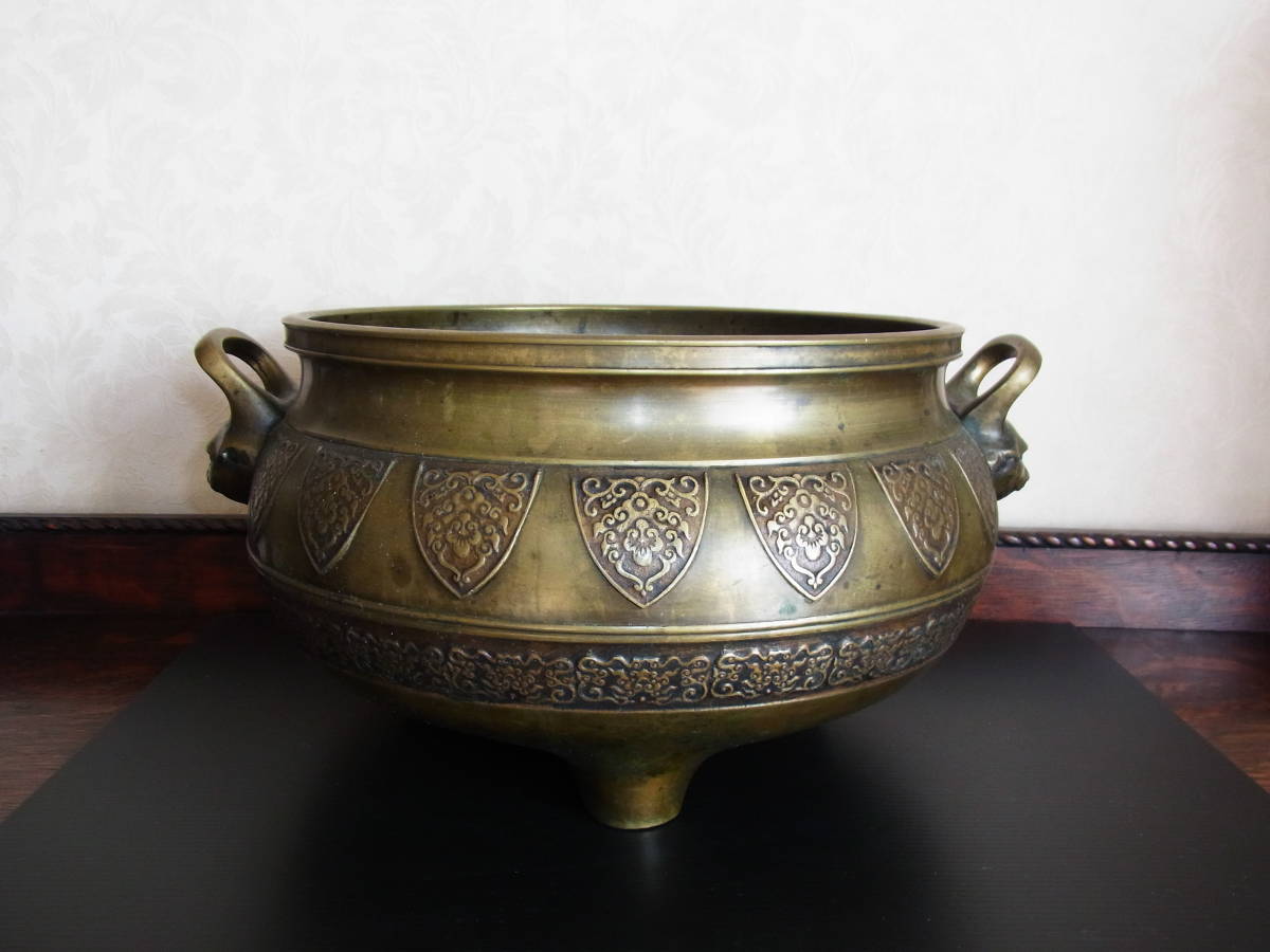 時代　火鉢　三足獅子耳瓶掛　煎茶道具　時代物　黄銅手あぶり