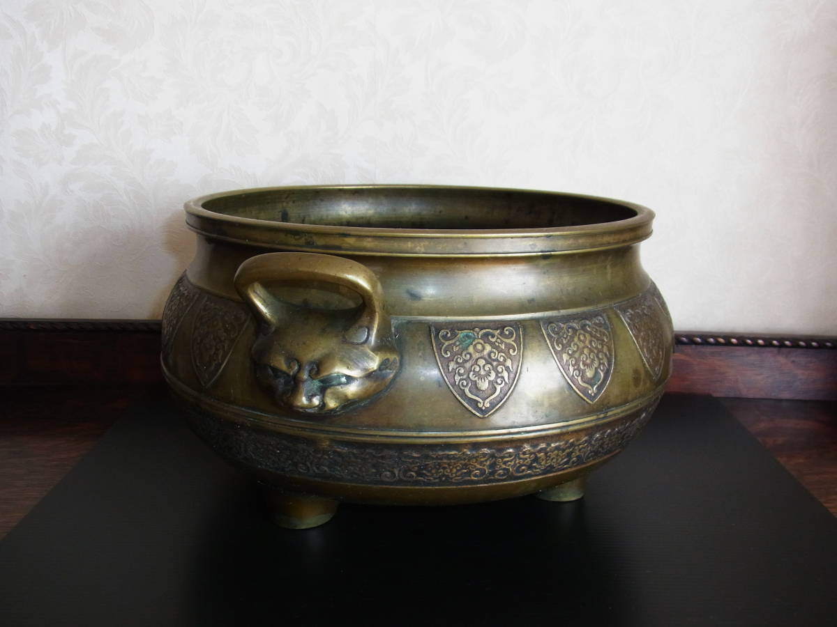 時代　火鉢　三足獅子耳瓶掛　煎茶道具　時代物　黄銅手あぶり