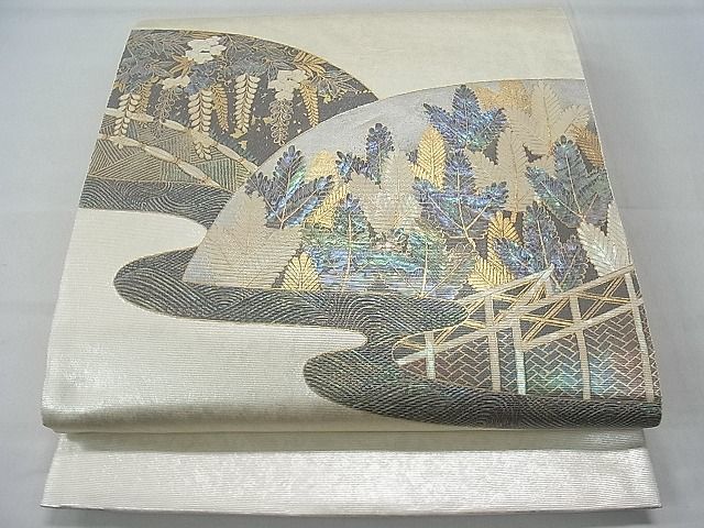 平和屋1□六通太鼓柄袋帯 螺鈿箔 流水草花文 金彩 やまと誂製 逸品