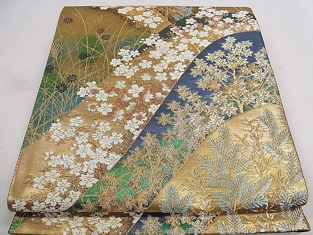 平和屋1■六通柄袋帯　遠山草花文　金銀糸　逸品　ze6973