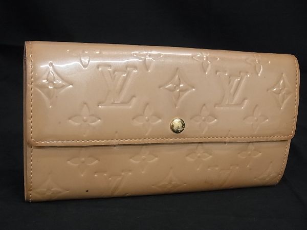 1円 LOUIS VUITTON ルイヴィトン M91522 モノグラムヴェルニ ポルトフォイユ サラ 二つ折り 長財布 ウォレット ベージュ系 AU5303