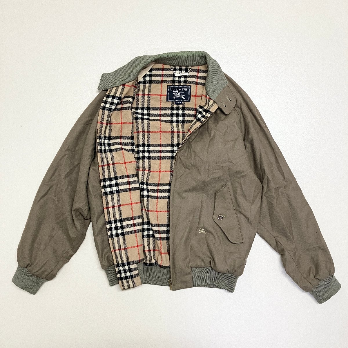 ●90s Burberrys バーバリーズ ブルゾン ジャケット アウター ノバチェック 紺タグ 三陽商会 毛100% カーキ系 ブラウン系 メンズM 0.88kg●