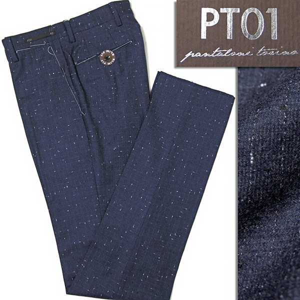 新品 4.2万 PT01 ピーティーゼロウーノ SUPER110'S サキソニー ウール パンツ 42 (XS) 紺 【P27221】 秋冬 メンズ スラックス フランネル