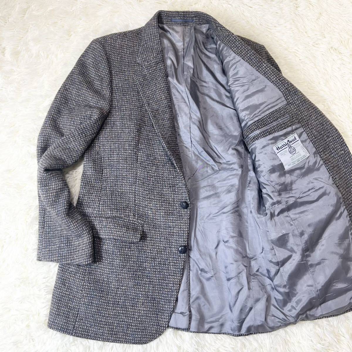 美品◎ハリスツイード Harris Tweed XL L 位ヘリンボーン くるみボタン テーラードジャケット 2B ウール100 グレー メンズ 総裏仕上げ 1円