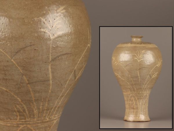 古美術 朝鮮古陶磁器 高麗青磁 白黒象嵌 梅瓶 時代物 極上品 初だし