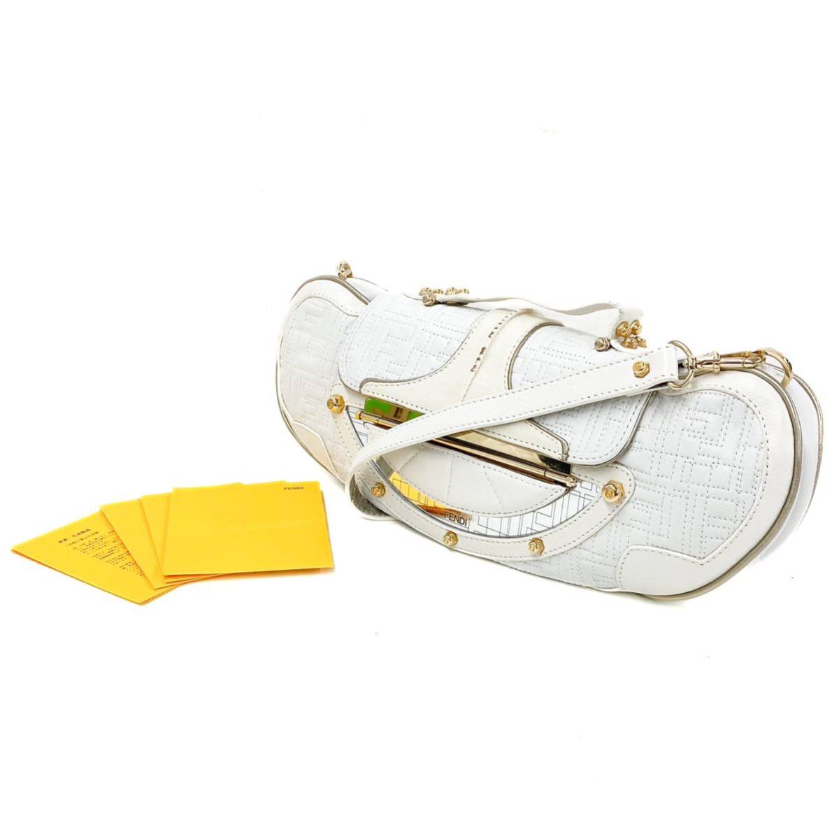 埼♪ FENDI フェンディ 2WAY ハンドバッグ ショルダー クラッチ エッグシェル レザー ホワイト ゴールド金具 FFロゴ ref.22529 ♪1631