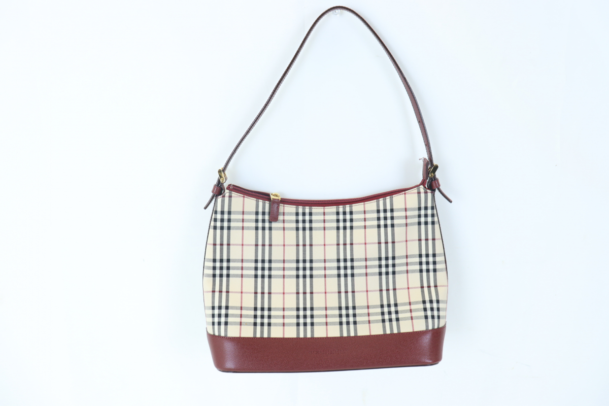 現状品 BURBERRY バーバリー ノバチェック キャンバス×レザー 赤