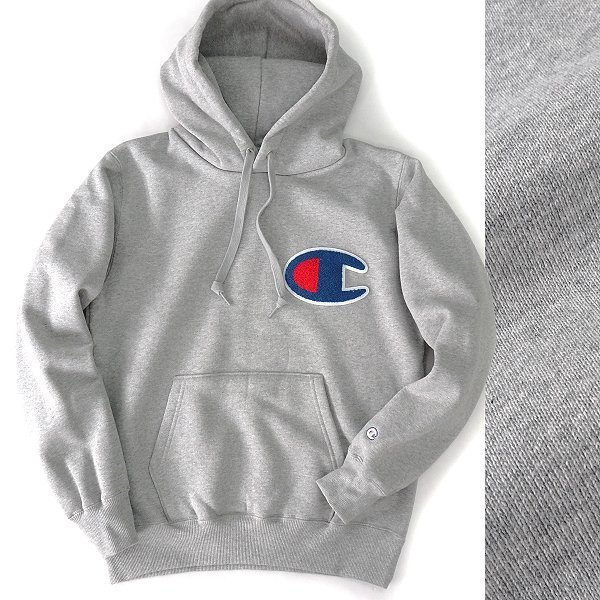 新品 チャンピオン ビッグCロゴ ワッペン 裏起毛 スウェット パーカー M 灰 【I44766】 Champion 秋冬 メンズ プルオーバー フード