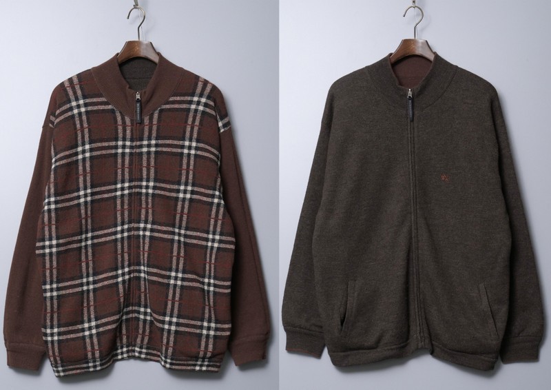 TG8610◇バーバリー BURBERRY LONDON メンズ L チェック×無地 ウール ニット リバーシブル ジップアップ ジャケット ブルゾン ブラウン系