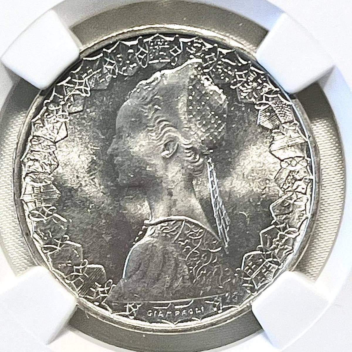 NGC鑑定品☆1958年イタリア 500リラ銀貨MS64☆貴婦人とコロンブス船団