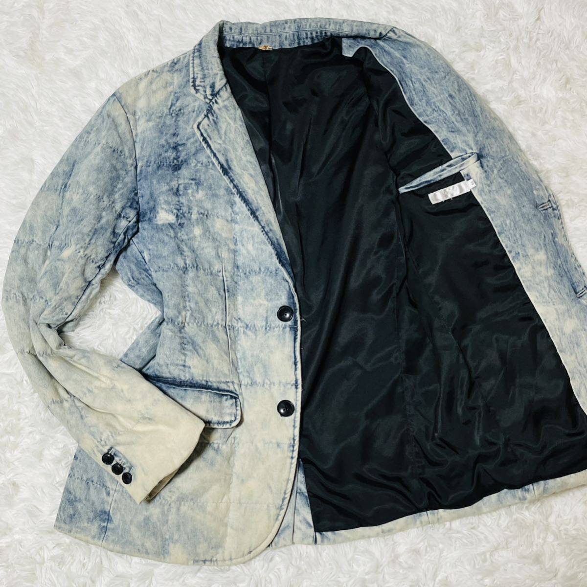 極暖『大人のお洒落感』■大きめ48(L相当) ■ダウン デニム テーラードジャケット インディゴ 2B 2ボタン フェザー カジュアル 青 白 希少
