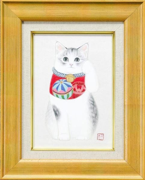 真作】【WISH】久野千恵美「招き猫」日本画 SM 金泥仕様 共シール