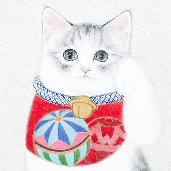 真作】【WISH】久野千恵美「招き猫」日本画 SM 金泥仕様 共シール