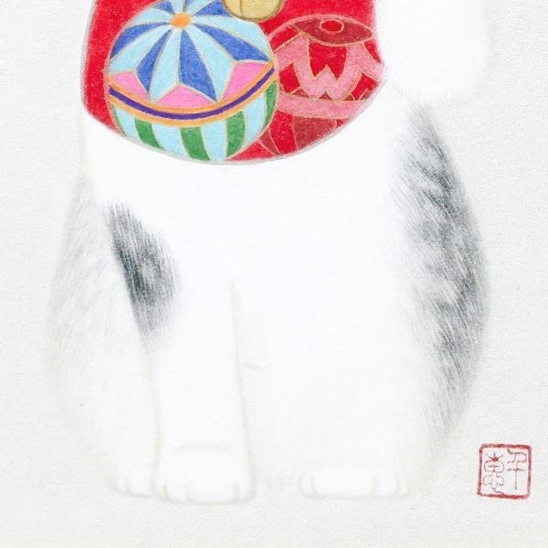 真作】【WISH】久野千恵美「招き猫」日本画 SM 金泥仕様 共シール