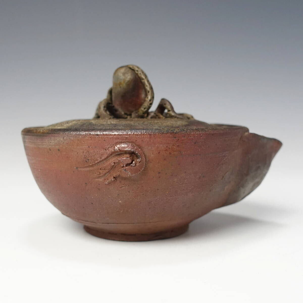 【由】珍品 備前焼 名工造 細密細工 蛸摘宝瓶【煎茶道具 茶器 泡瓶 茶注 急須 細工物 入江光人司 難波好陽 西村春湖 在銘 作家物】_3