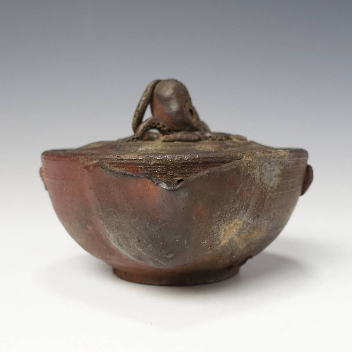 【由】珍品 備前焼 名工造 細密細工 蛸摘宝瓶【煎茶道具 茶器 泡瓶 茶注 急須 細工物 入江光人司 難波好陽 西村春湖 在銘 作家物】_4