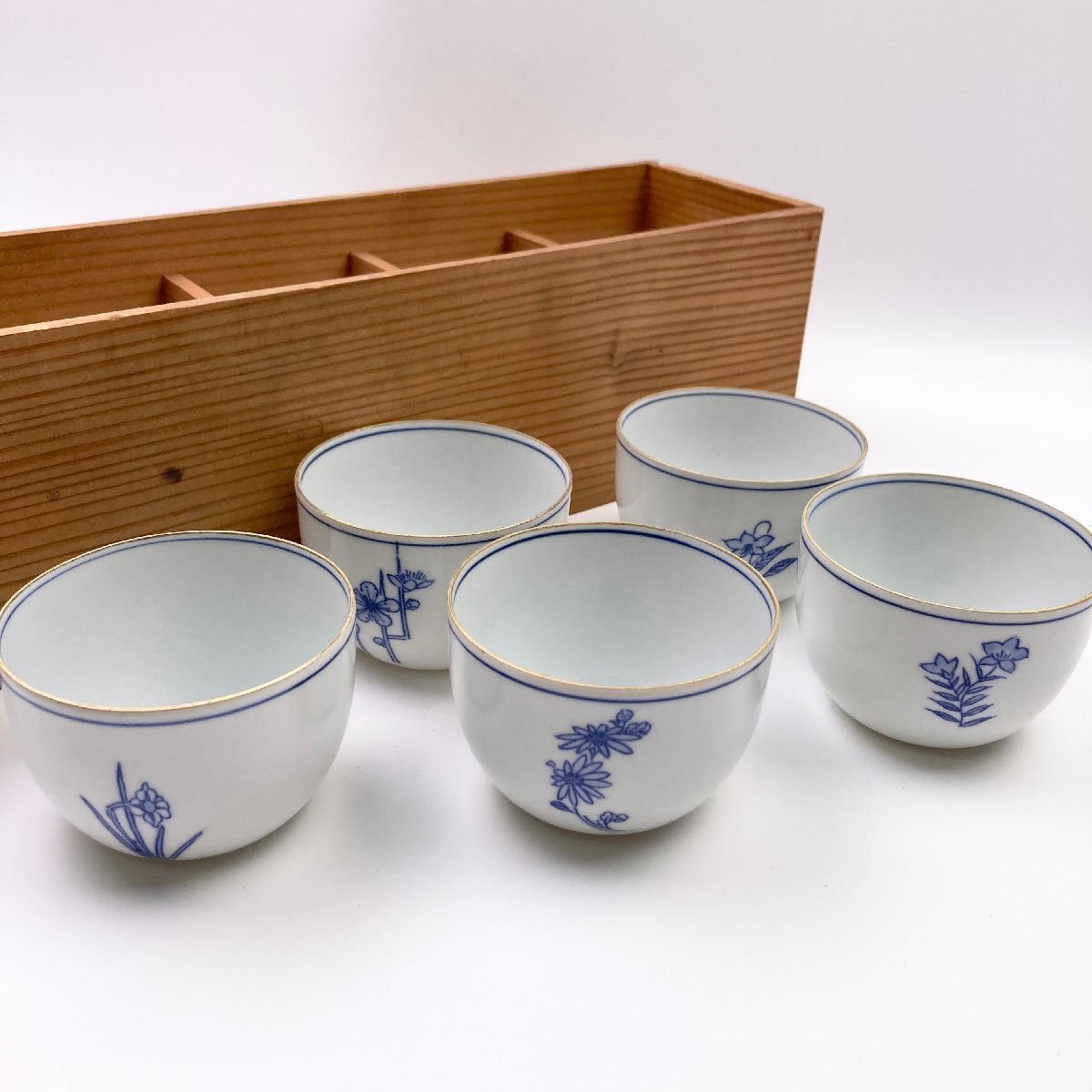 rm) 平安瑞光 清水焼 染付 五草花 湯呑揃 湯呑み 五客 白磁 茶器 茶盃