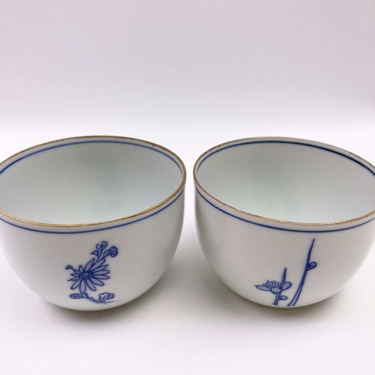 rm) 平安瑞光 清水焼 染付 五草花 湯呑揃 湯呑み 五客 白磁 茶器 茶盃