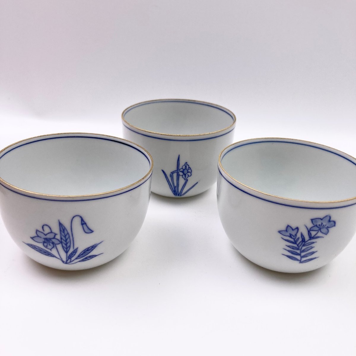 rm) 平安瑞光 清水焼 染付 五草花 湯呑揃 湯呑み 五客 白磁 茶器 茶盃