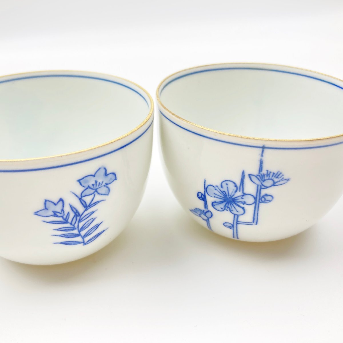 rm) 平安瑞光 清水焼 染付 五草花 湯呑揃 湯呑み 五客 白磁 茶器 茶盃