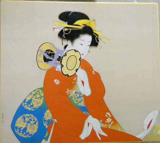 文化勲章受賞　上村松園　鼓の音　シルク版画　美人画 真作□シルクスクリーン□上村松園□『鼓の音』□美人画巨匠 文化勲章