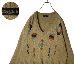 グッドデザイン！レトロ古着アンティーク調立体織り柄ニットレナウン社ゆったりサイズ