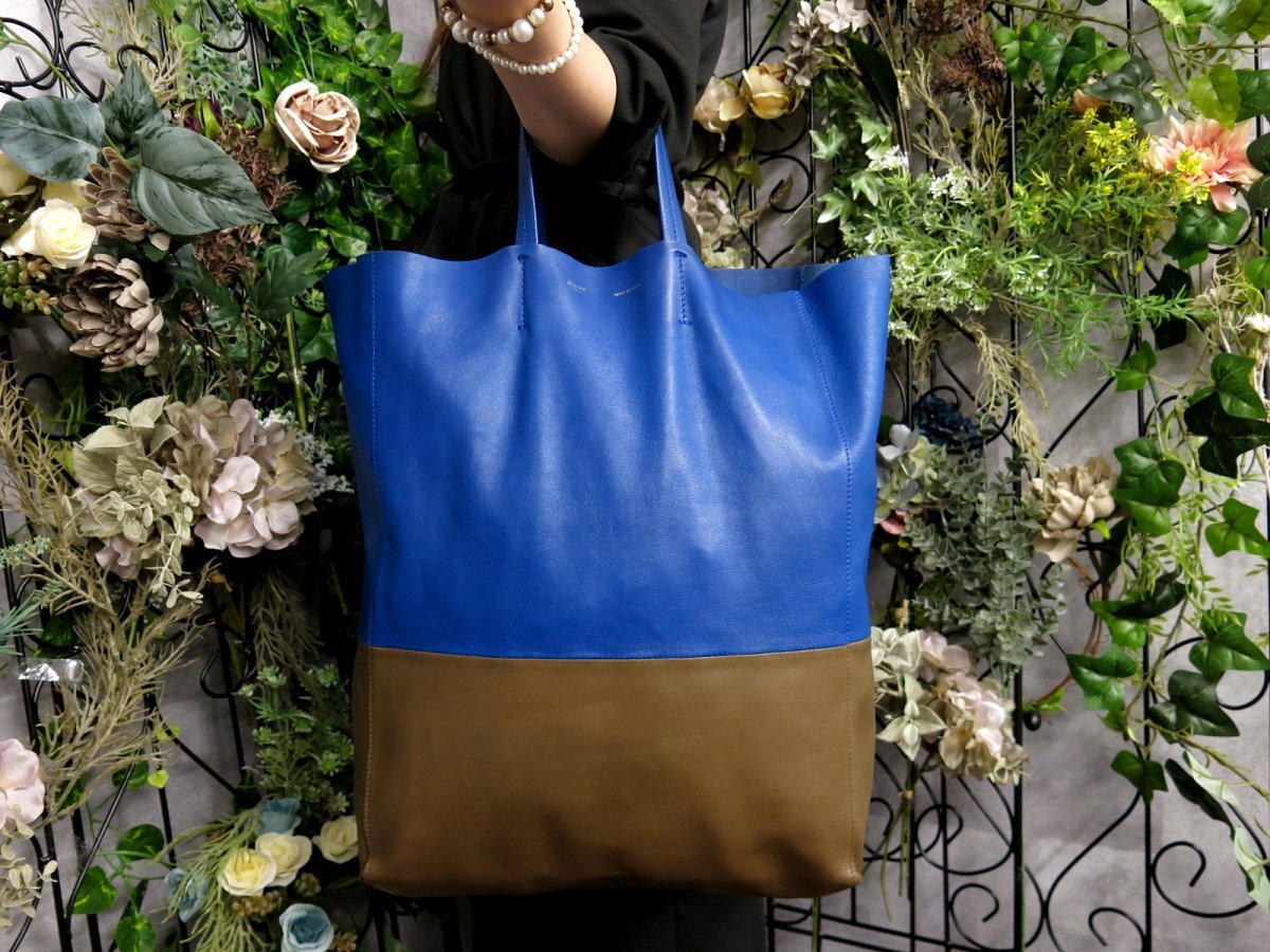 美品✨セリーヌ ホリゾンタルカバ 肩掛け トートバッグ レザー ブルー ○超美品○CELINE セリーヌ○ホリゾンタルカバ○バイカラー○カーフ