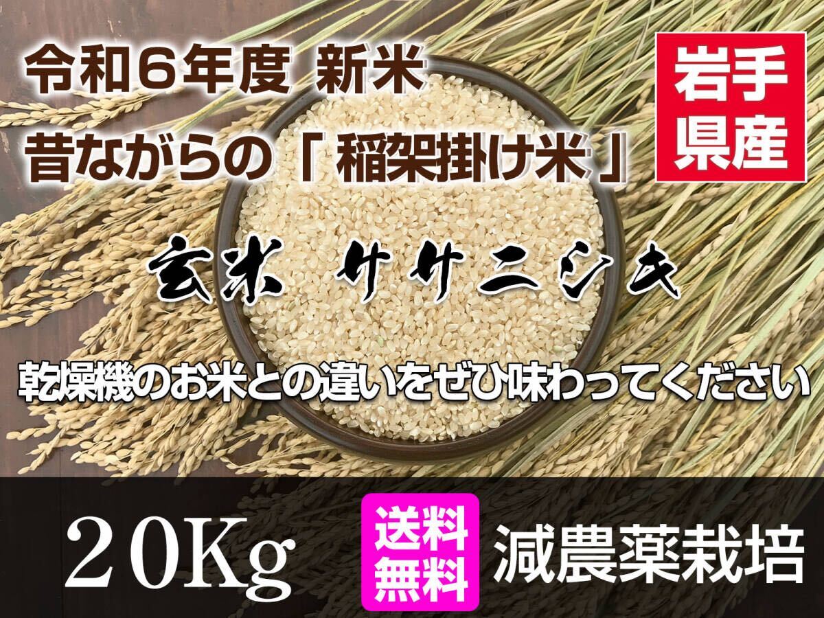 【新米】令和６年度 昔ながらの「稲架(はさ)掛け米」天日干し 岩手県産 ササニシキ 玄米 20Kg 送料無料 ◯_1