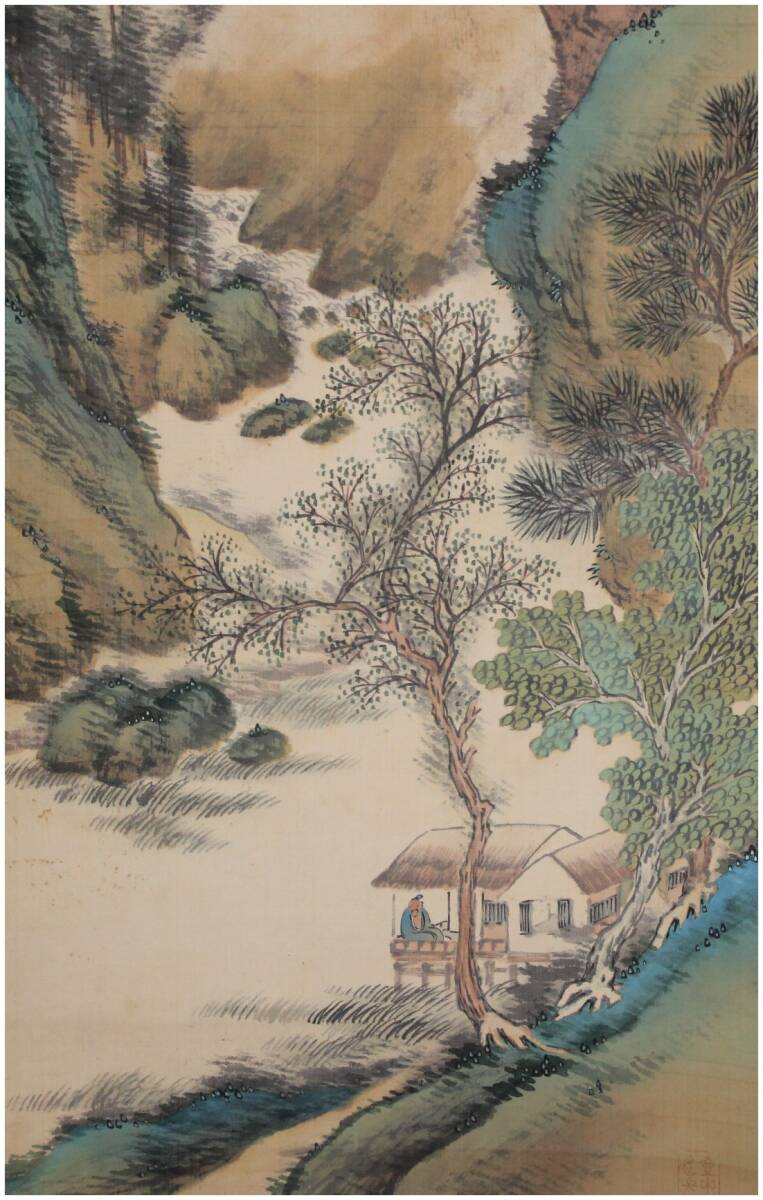 真作」 香川画家・【三井飯山】 青緑山水図 掛軸 南画家・中国絵画