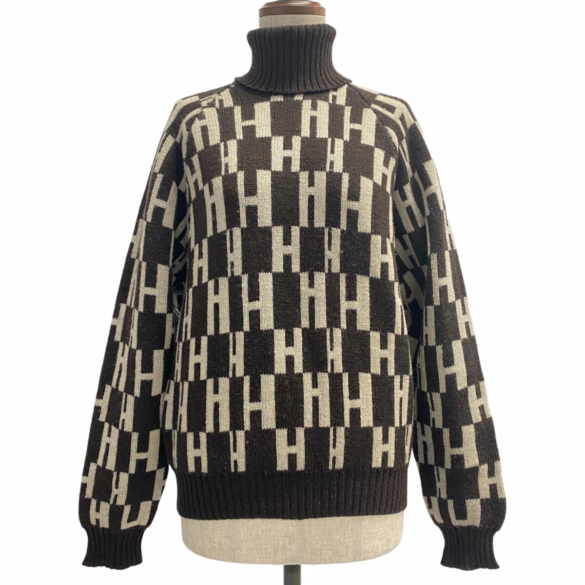 4apu0146】エルメス セーター M タートルネック ブラウン ウール【中古 