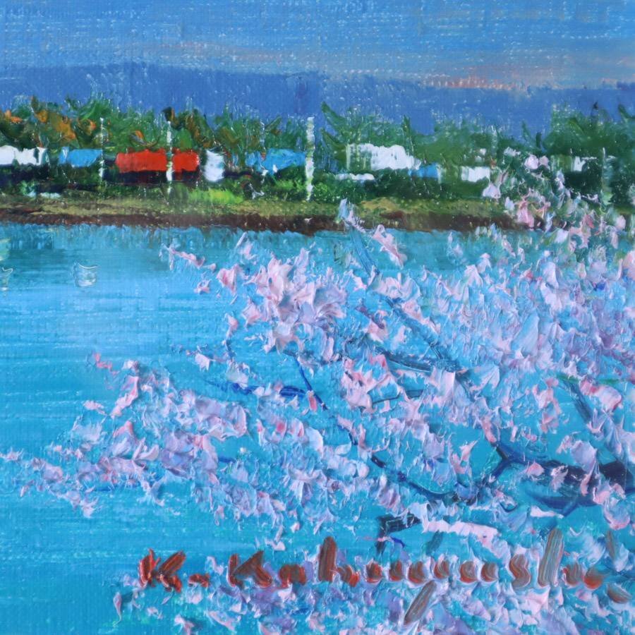 小林幸三 肉筆 油彩画「桜富士」額縁付き F4 個展多数☆984h04(自然