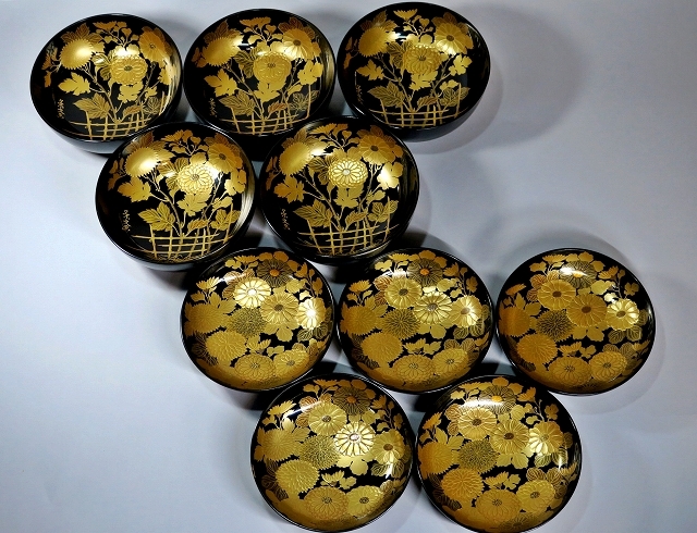 煮物椀 雑煮椀 宝蔵輪島塗 内松葉総沈金 松竹梅 御椀 5客 黒塗 輪島塗