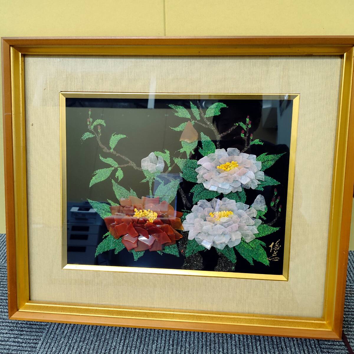 貴石画 宝石画 花図 額装 昭和レトロ 天然石絵画 天然石 花絵 伝統工芸 